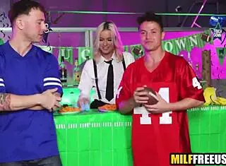 hot blonde babe in uniform gets fucked by football fans group