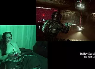 Naked brunette plays Deadspace part 8, embracing her natural curves in the game