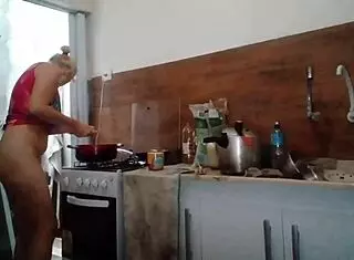 stella still naked in bedroom and kitchen cooking full on red