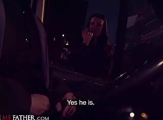 Big tits brunette babe cheats, gets muff diving and blowjob in van