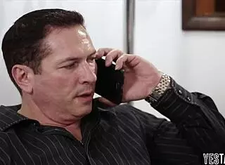 His cute stepdaughter bends over and drives him wild with desire.