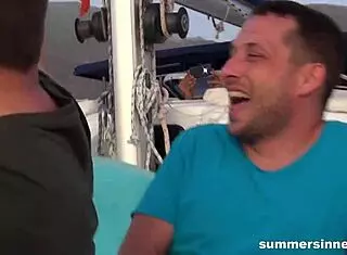 boat riders engage in outdoor doggystyle sex with friends and group blowjob