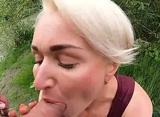 hot blonde deepthroats monster cock in public nature recreation
