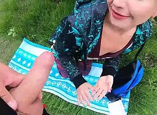 hot blonde deepthroats monster cock in public nature recreation