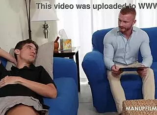 Horny gay man licks muscular bodybuilder's feet in close up on manupfilms.