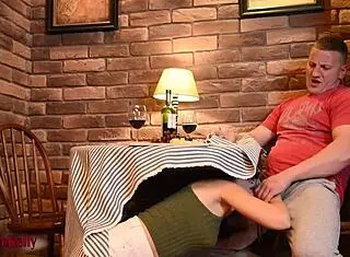 crazy hot girl sucks the dick under the table in the cafe. outdoor public cute teen 18+ cock blowjob cum