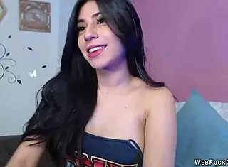 Busty camgirl deepthroats large dildo on webcam solo