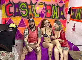 redhead katana kai and muscular guy in sheer outfits