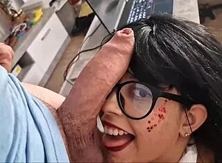 Brunette star dances and performs oral