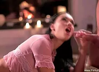 Beautiful Brunette Gives Intense Blowjob by Fireside!