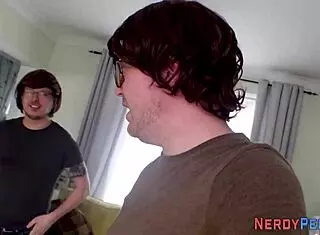 so, this real british milf, she's sucking nerds' dicks in a tricked reality scenario, first time for some.