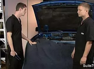 Gay mechanics sucking monster cocks and fucking hard in garage