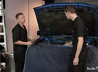 Gay mechanics sucking monster cocks and fucking hard in garage