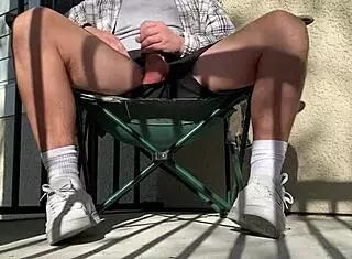 I-I can’t stop strokin’ my huge cock while neighbors watch!