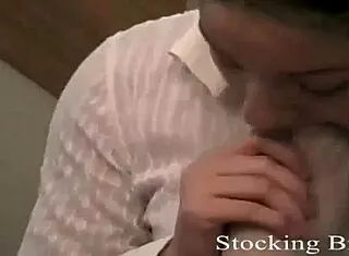 She can't stop licking my silky thighs in stockings!