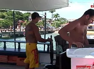 Busty black babe drilled on boat in wild anal threesome