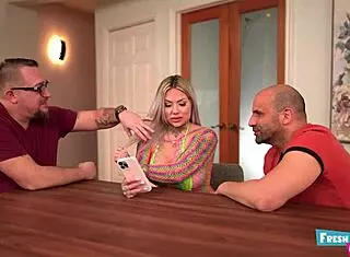 Teen blonde with big boobs gets rough anal from two cocks