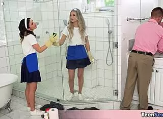 Are these cute teens done cleaning or craving my cock instead?