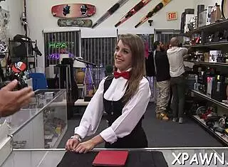 Hawt doxy engages in intimate activities in the shop.