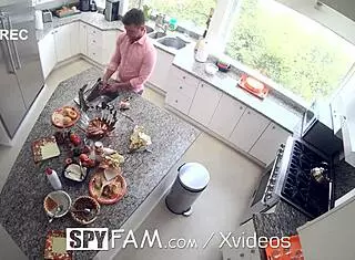 Spyfam step sis gets fucked in the kitchen on thanksgiving with monster cock blowjob facial