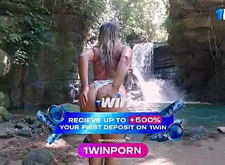 Sensual brunette milf with big ass gives pussy to friend at waterfall in amateur sex