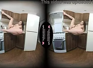Sara Bork Plays with Shaved Pussy in Kitchen Vr
