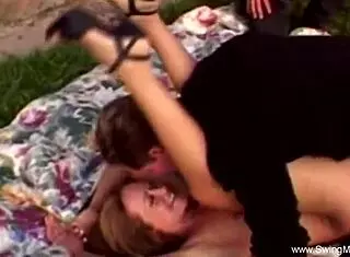 Beautiful milf swinger feels intense pleasure getting banged outdoors at wedding with group