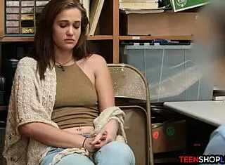 Teen caught shoplifting, stepmom arrives for amateur 3some blowjob group with milf in reality shop setting