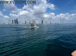 Horny blonde babe gets pussy drilled by bodybuilder on jetski, cum in mouth