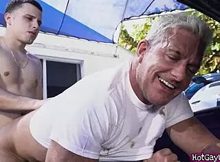 Horny stepson bangs his stepdad with raw power in gay action!