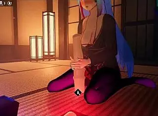 Kadobu hentai game features futanari girl performing footjob on living dildo with monster cock and squirting