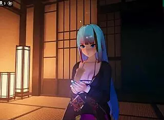 Kadobu hentai game features futanari girl performing footjob on living dildo with monster cock and squirting