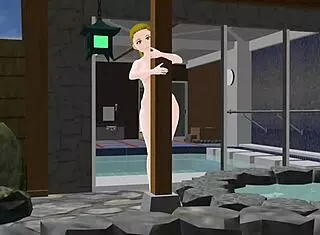 Anime woman boldly takes a bath in a Japanese public bath