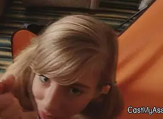 Blonde spinner gives POV blowjob during casting