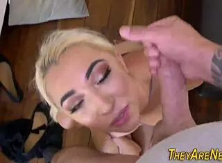 I watch the blonde teen 18+ newbie give her first hardcore blowjob and facial.