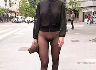 Milf FLASHES in seamless pantyhose OUTDOOR