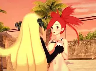 pokemon threesome with flannery and cynthia on beach.