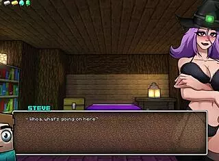 witch rides cowgirl in hornycraft parody game with big tits