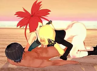 pokemon threesome with flannery and cynthia on beach.