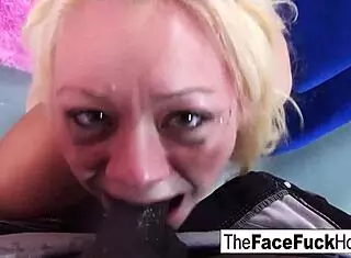 Cute blonde chick gets her face wrecked by two cocks