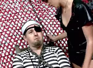 amazing and sexy guard in leather lets herself be fucked doggy and cowgirl style.