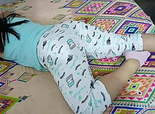 Stepmother shows panties during anal fuck and swallows big cock secretly.