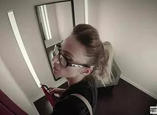 Horny secretary Cara Mell fucks her pussy in the lingerie shop!