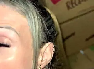 Blonde amateur shows natural tits and pussy in public market, gets blowjob and muff diving in stockroom