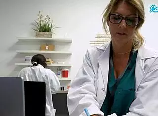 Sexy big tit MILF NURSE MASTURBATES wild at office desk