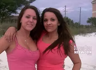 Shy girls flashing for the first time on beach
