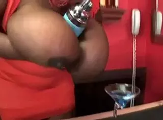 black woman with monster tits says 'watch me masturbate with this dildo, want to see assfucking next?'