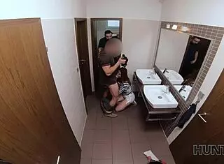 red-haired belle gets banged by stranger in public toilet while bf watches.