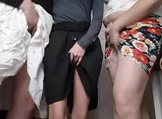 Girls in the kitchen reach six orgasms under their skirts during homemade fun