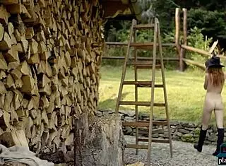 tiny teen playboy model kate great strips naked while chopping wood outdoors, so hot